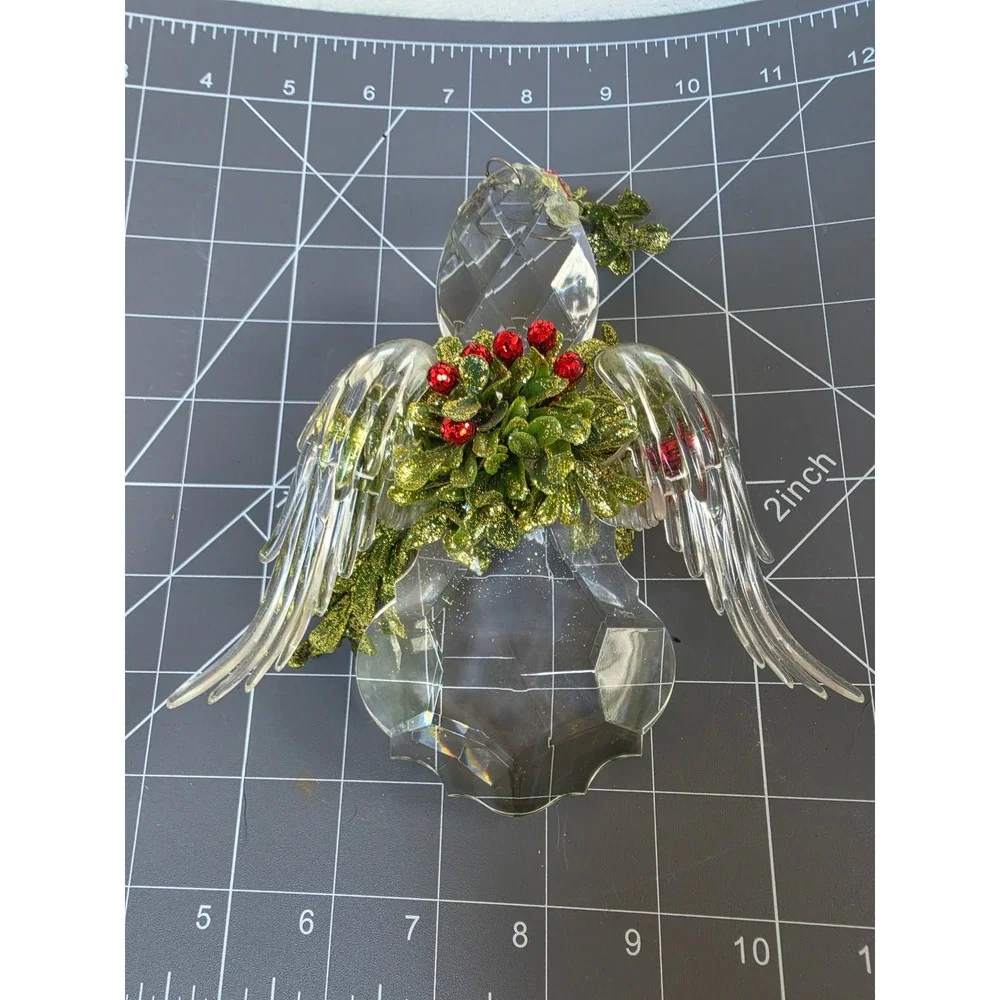 Acrylic Ganz Angel Christmas Ornament Faceted Clear Red Berries Green Glitter